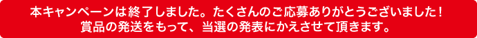 本キャンペーンは終了しました。たくさんのご応募ありがとうございました!賞品の発送をもって、当選の発表にかえさせて頂きます。
